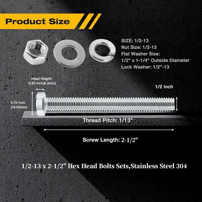 KATUNA (5Set) 1/2-13 x 2-1/2" Complete Set Hex Head Screw Bolts,Nuts,Fender Flat washers,Split Lock Washers,Fully Threaded, Stainless Steel 18-8（304）, Bright Finish. - Image 3